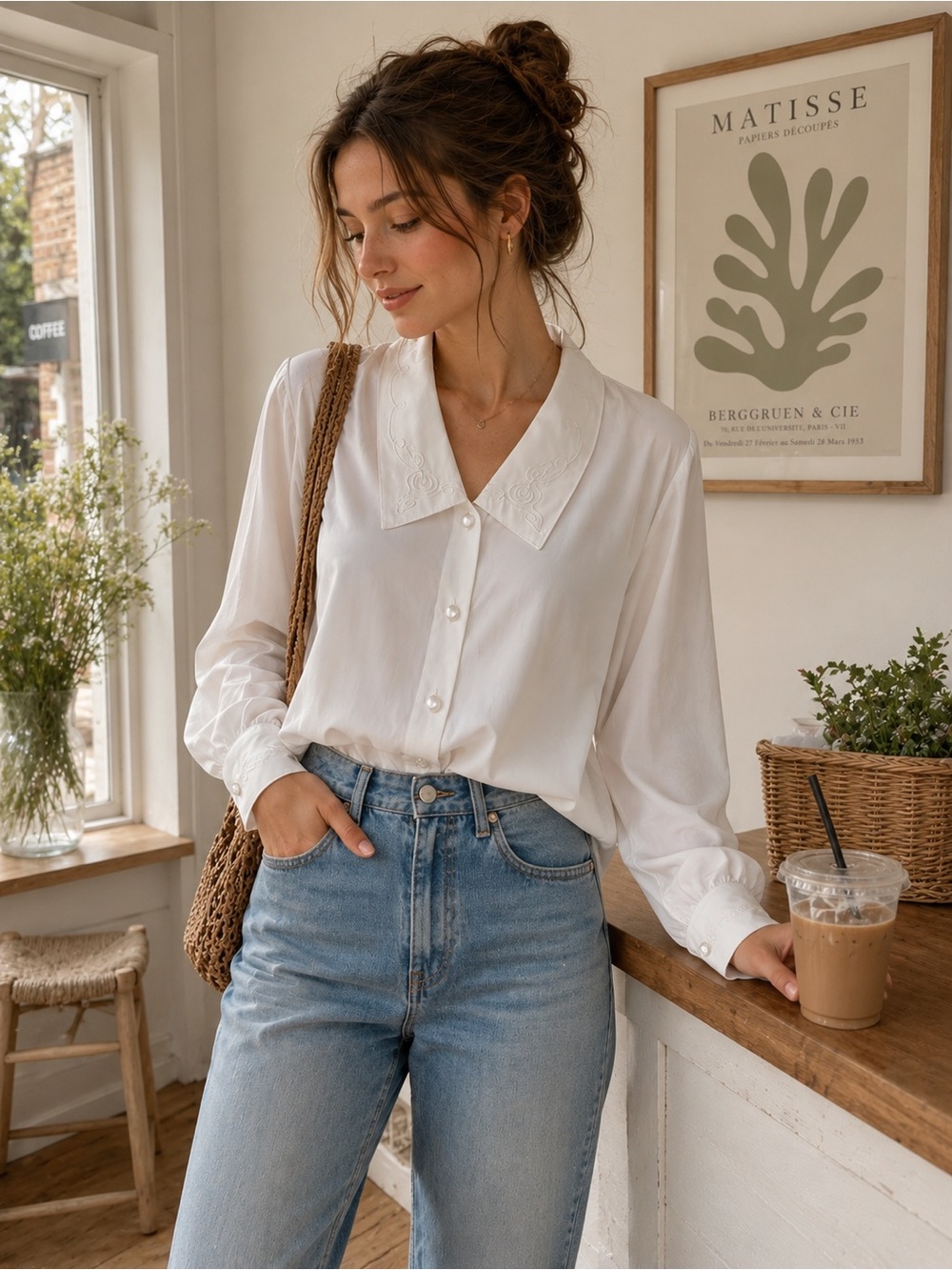 Women's White Embroidered Collar Button-Front Blouse